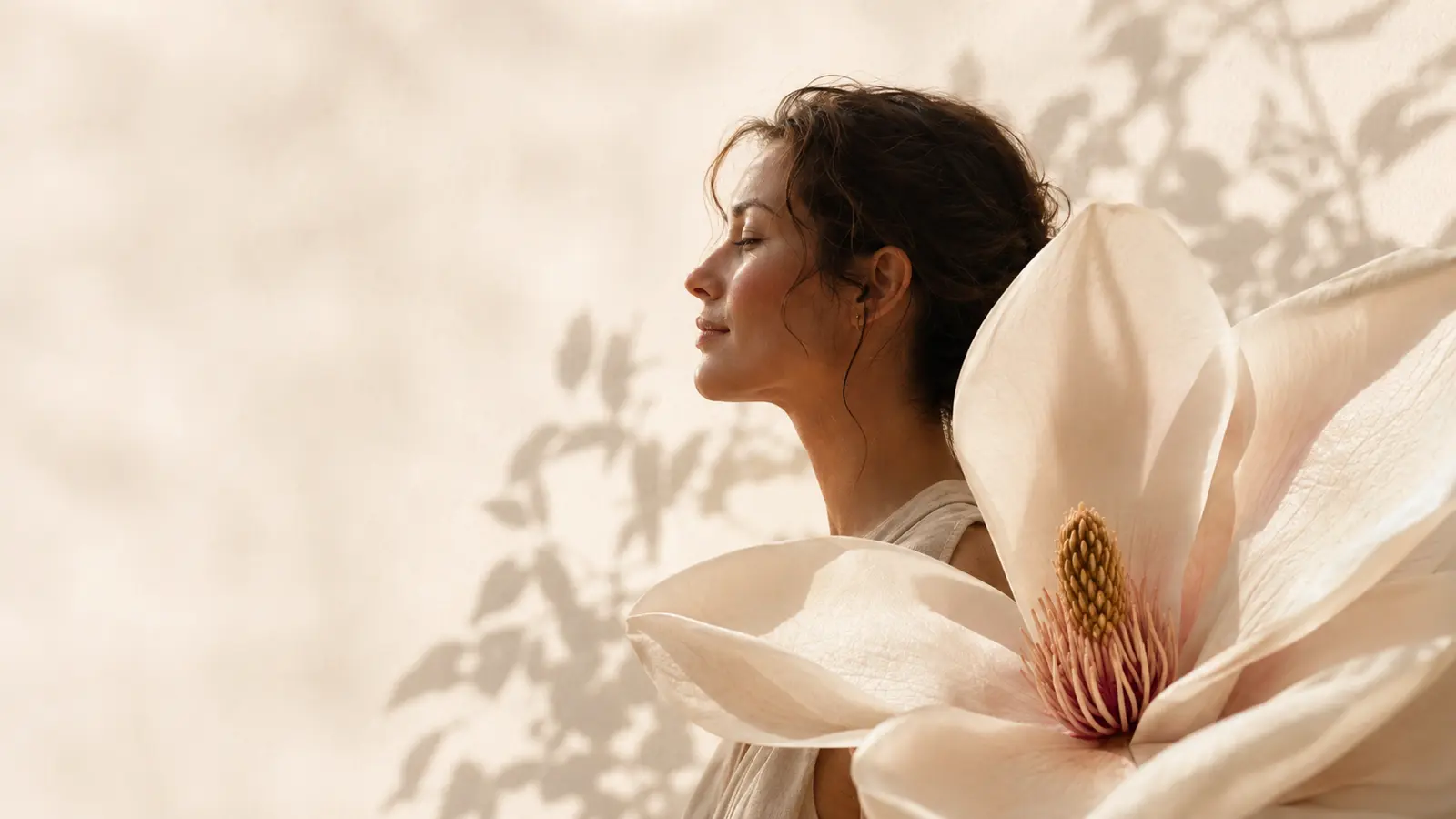 Mulher em perfil sereno junto a uma flor de magnólia